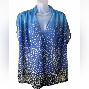 Cabi Top Sheer Blue Ombre Short Cap Sleeve Faux Wrap Gold Polka Dots M